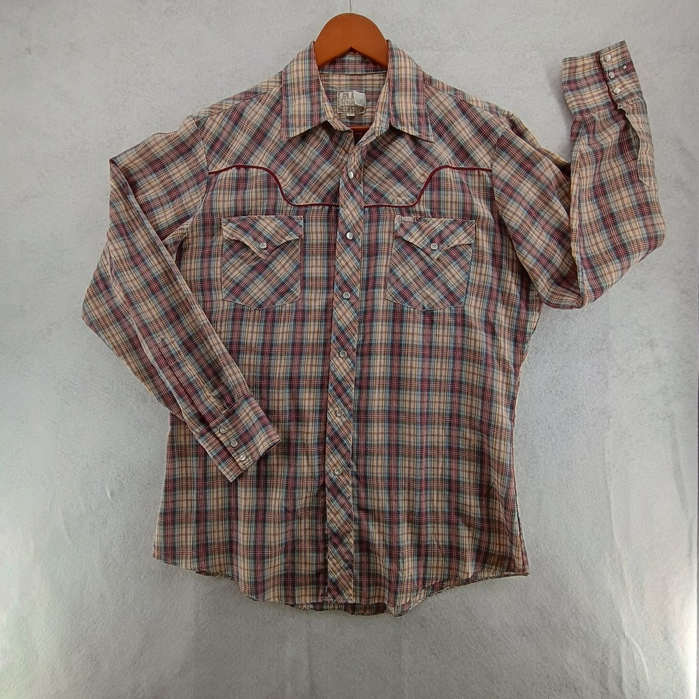 Ely Bighorn Mens L Vintage Western Pearl Snap Plaid Long Sleeve Shirt Red Blue